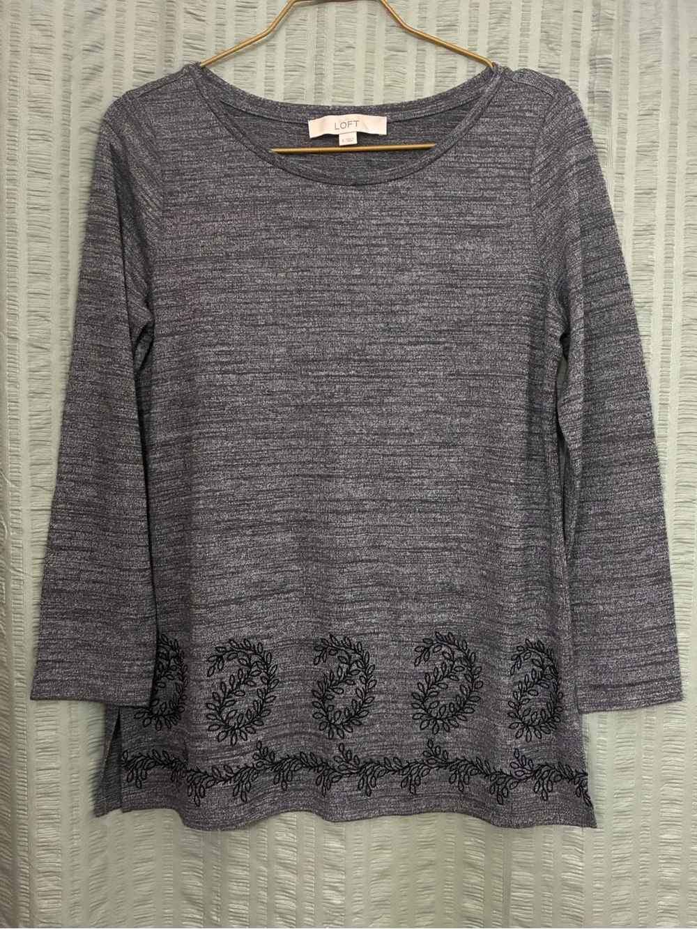 LOFT Heathered Navy Embroidered-Hem Long Sleeve Tunic